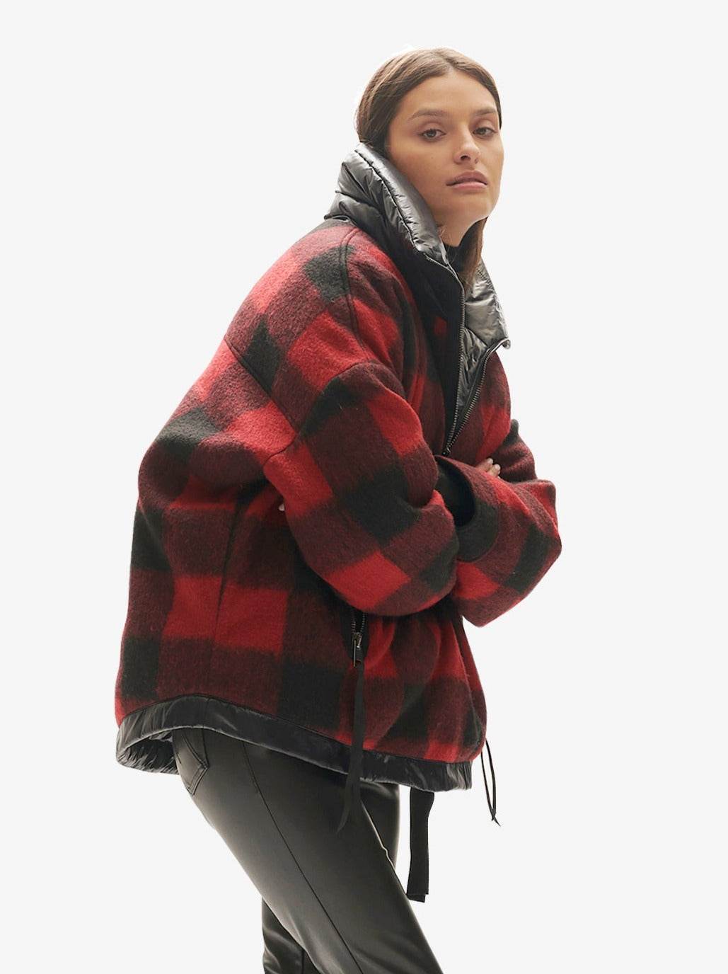 Doudoune réversible en laine à demi-zip - Plaid noir