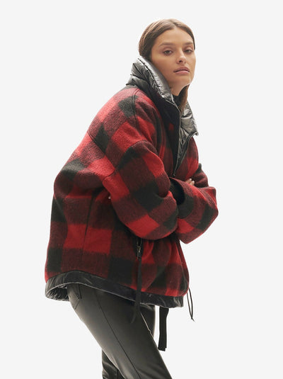 Doudoune réversible en laine à demi-zip - Plaid noir