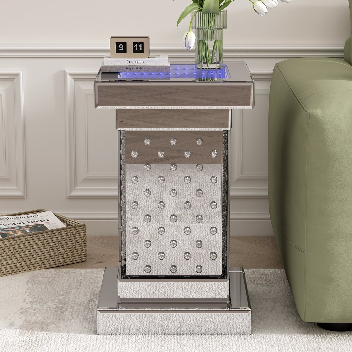 U-Can 11.8-inch silver square mirror coffee table with LED lights, modern crystal inlaid side table, no assembly required - Korvel