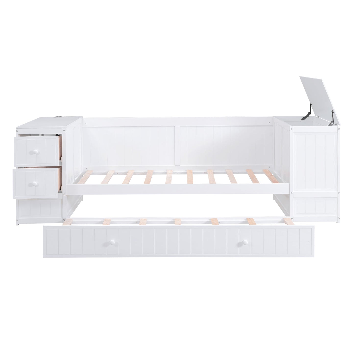Twin Size Daybed with Storage Arms  Trundle and Charging Station White - Korvel