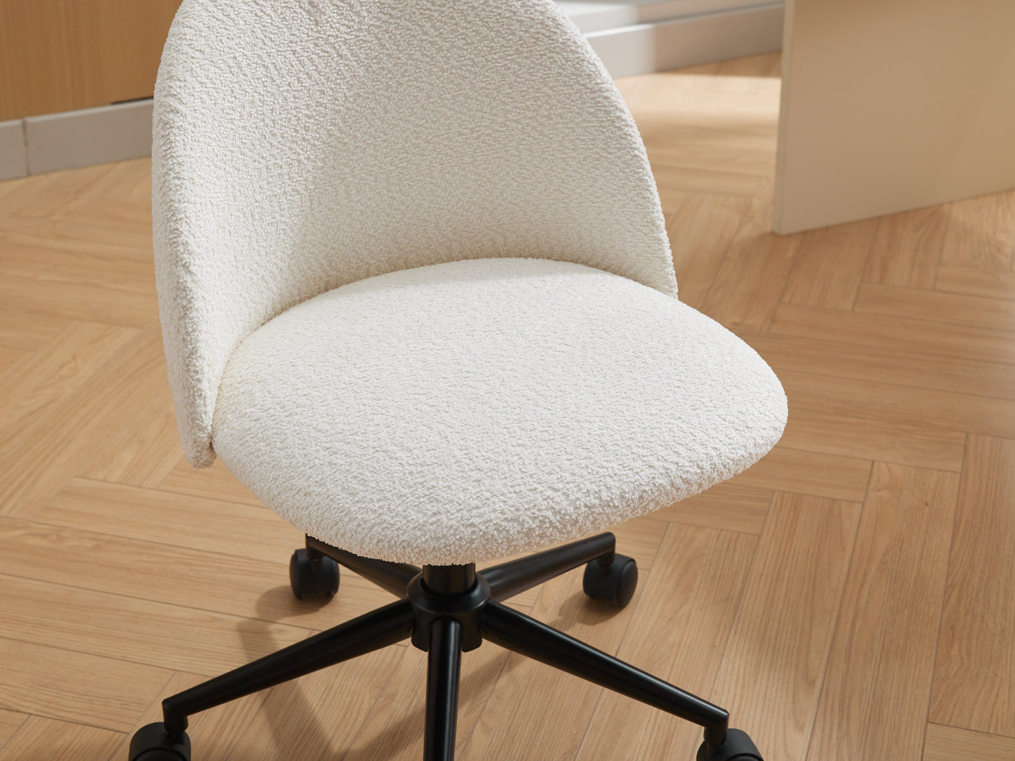 Velvet fabric office chair, mid back adjustable rotating computer chair, black legs, cushioned office chair with wheels ，White - Korvel