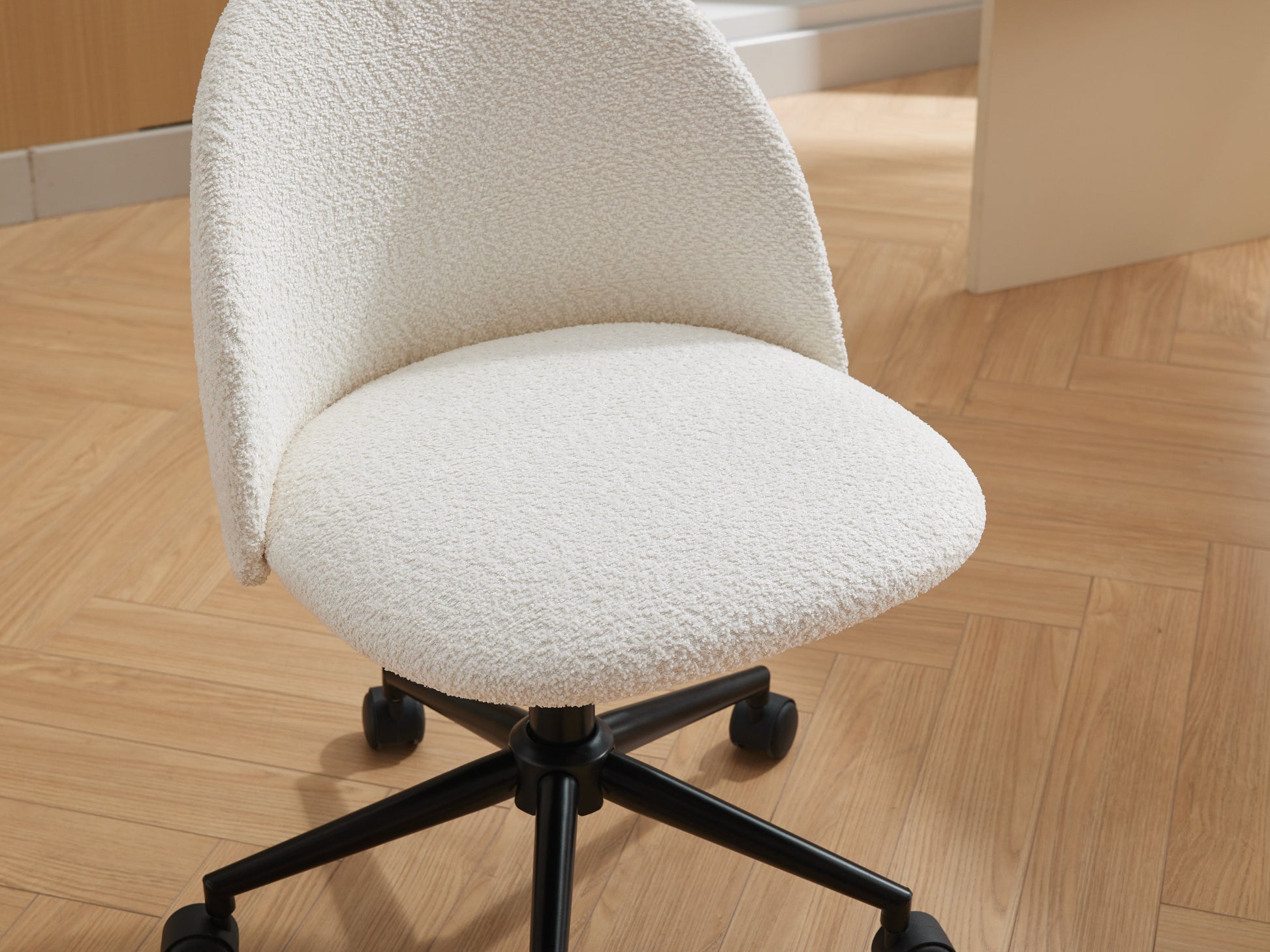 Velvet fabric office chair, mid back adjustable rotating computer chair, black legs, cushioned office chair with wheels ，White - Korvel