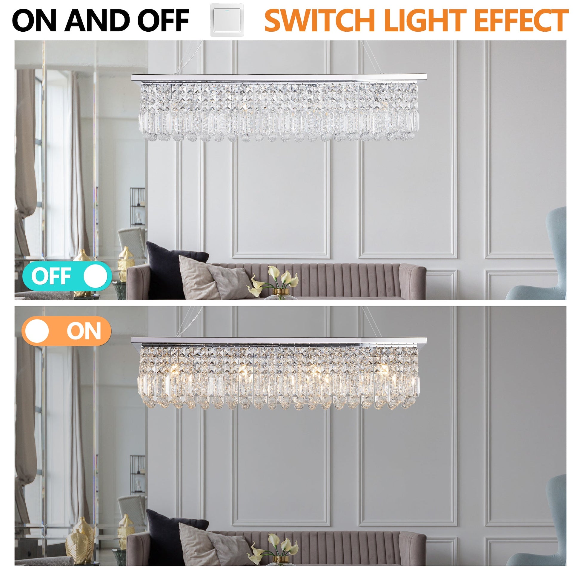 Modern Crystal Chandelier for Dining Room 8-Light White Rectangle Raindrop L39.4'' x W9.8'' x H8.7'(Bulb Not Included) - Korvel