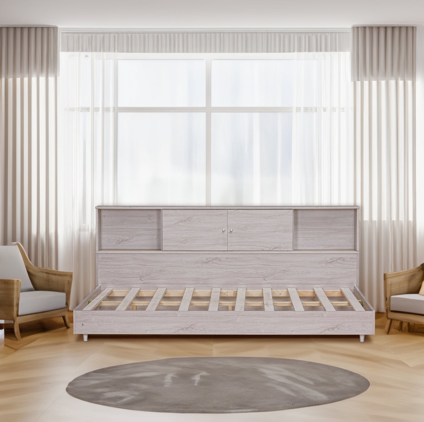 Full Size Daybed Frame with Storage Bookcases - White Oak