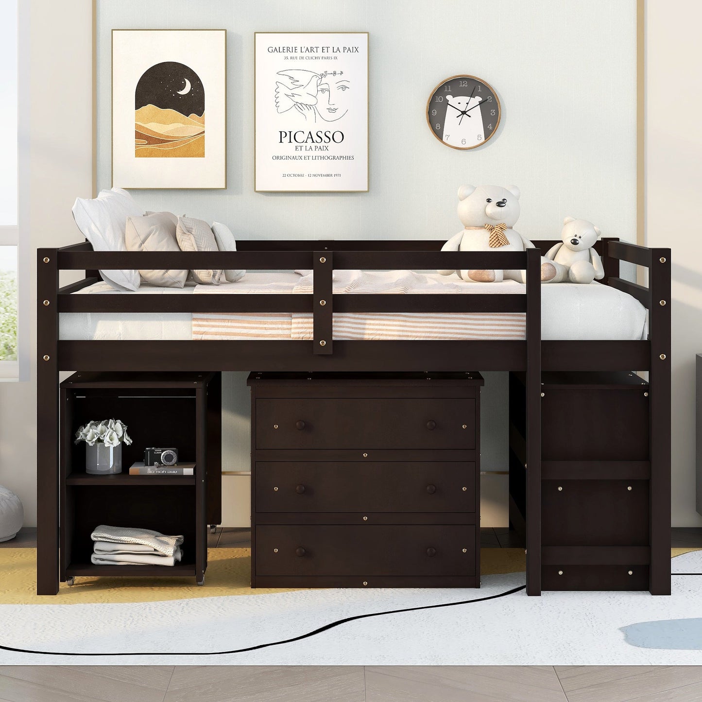 Low Study Full Loft Bed with Cabinet Shelves and Rolling Portable Desk Multiple Functions Bed- Espresso - Korvel