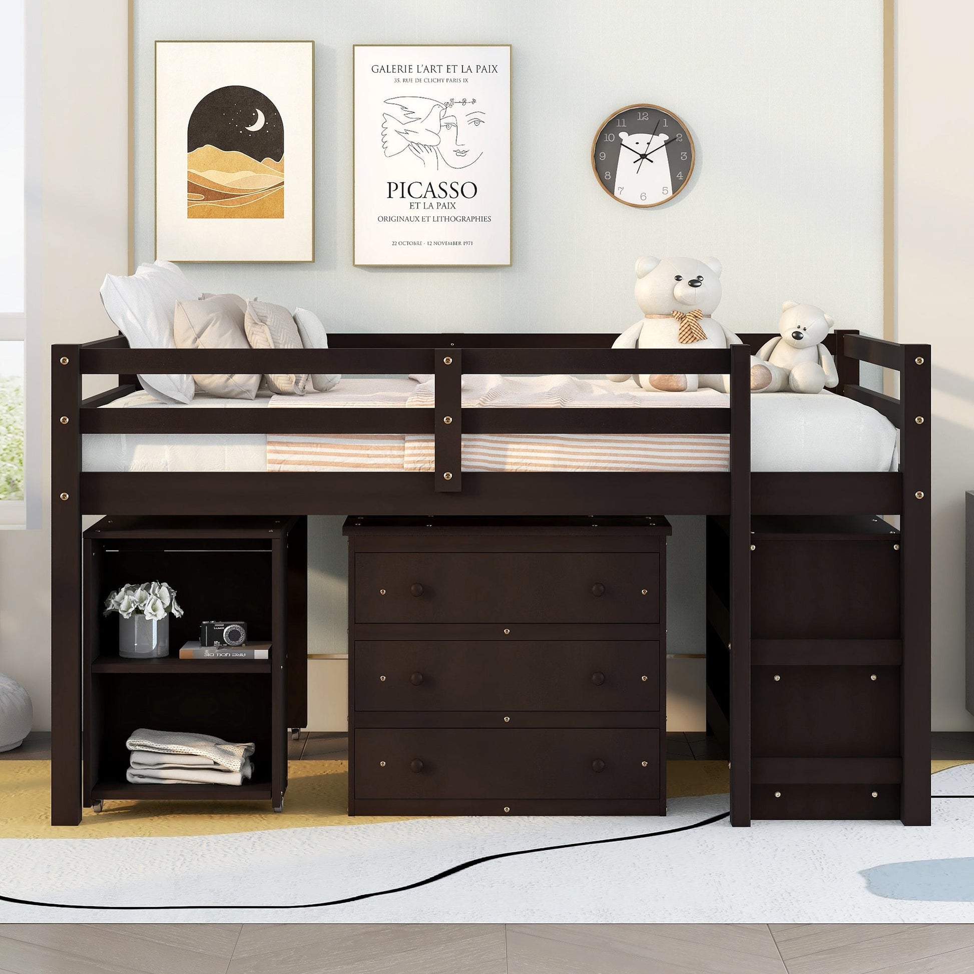Low Study Full Loft Bed with Cabinet Shelves and Rolling Portable Desk Multiple Functions Bed- Espresso - Korvel