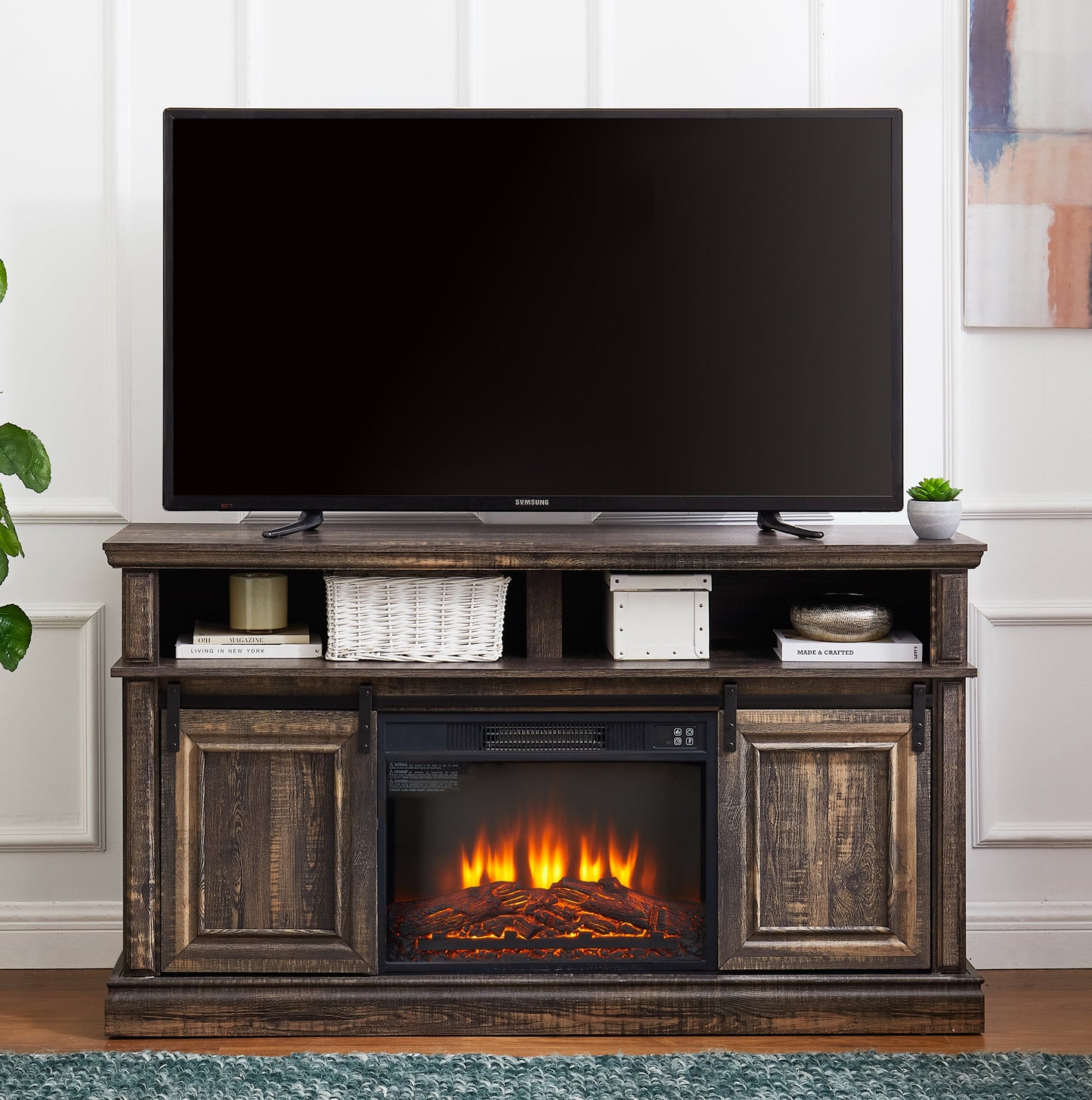 Entertainment console multifunctional sliding door cabinet with 23 inch fireplace 58.11 '* 15.79' * 32.36 'antique brown - Korvel