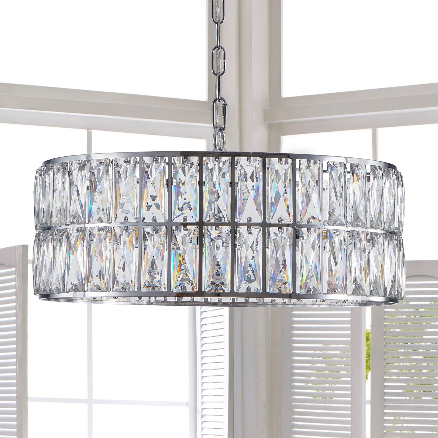 Modern crystal drum pendant light, 6-light pendant light, with silver metal frame (excluding light bulb) - Korvel