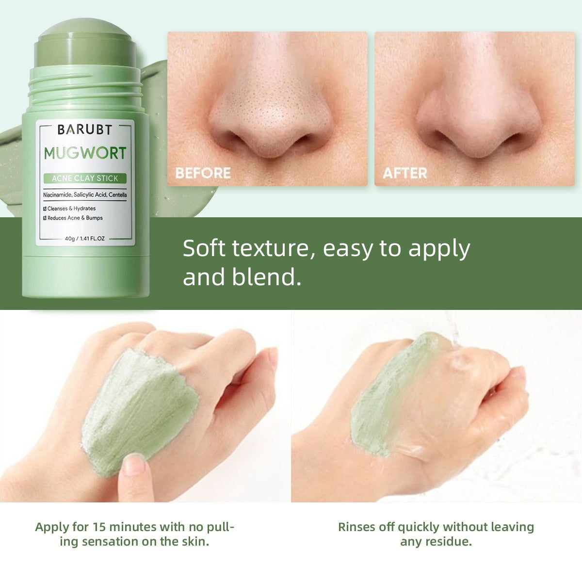 BARUBT mugwort mud mask stick deep cleansing mild blackhead repair facial care smearable mask - Korvel