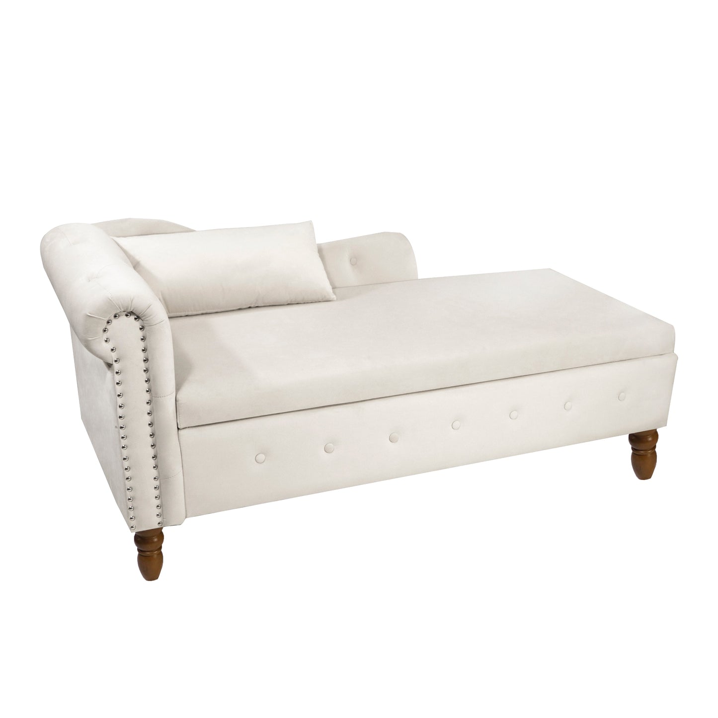 Beige Chaise Lounge Indoor Velvet Lounge Chair for Bedroom with Storage & Pillow Modern Upholstered Rolled Arm Chase Lounge - Korvel