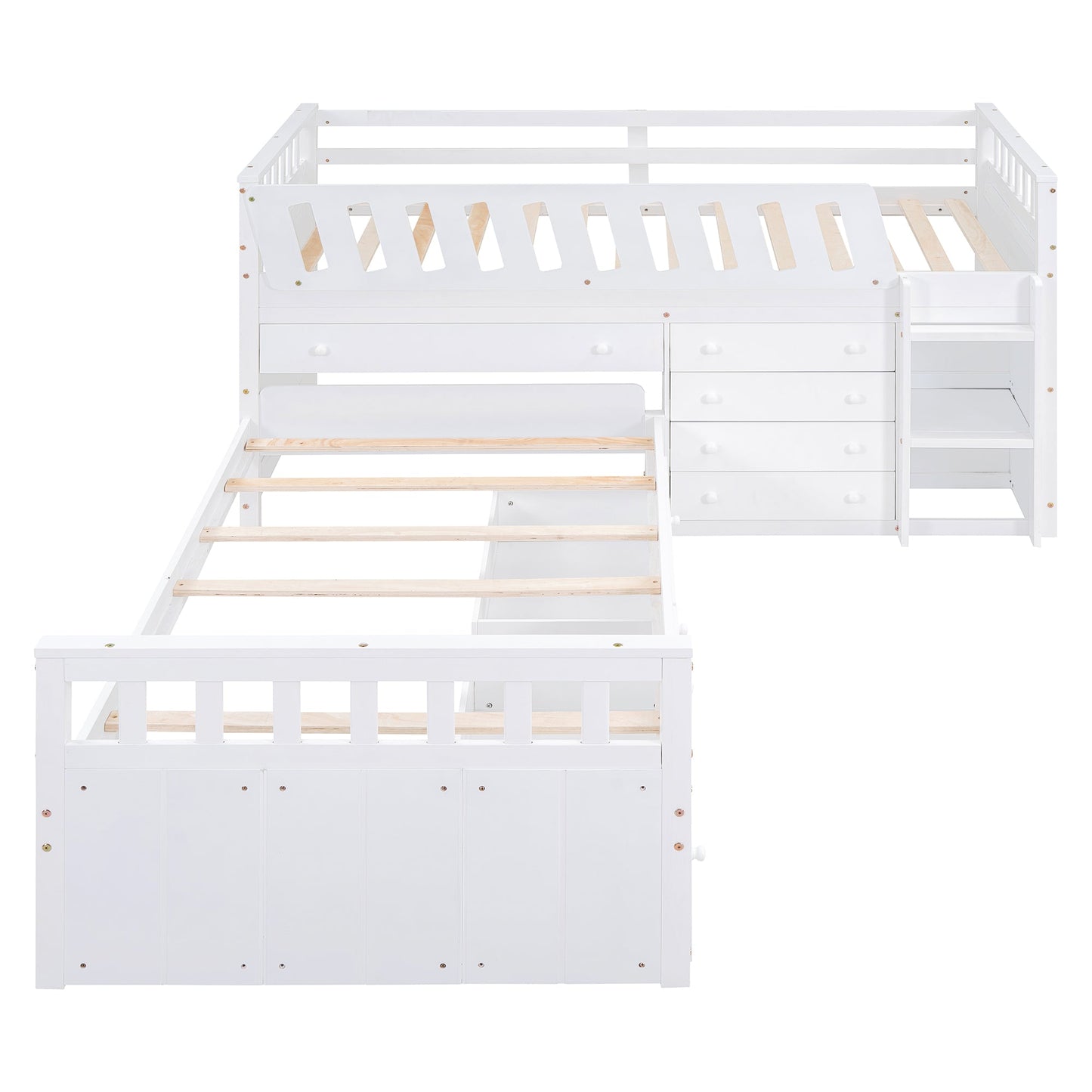 Cama loft twin en forma de L que ahorra espacio con 7 cajones - Blanca