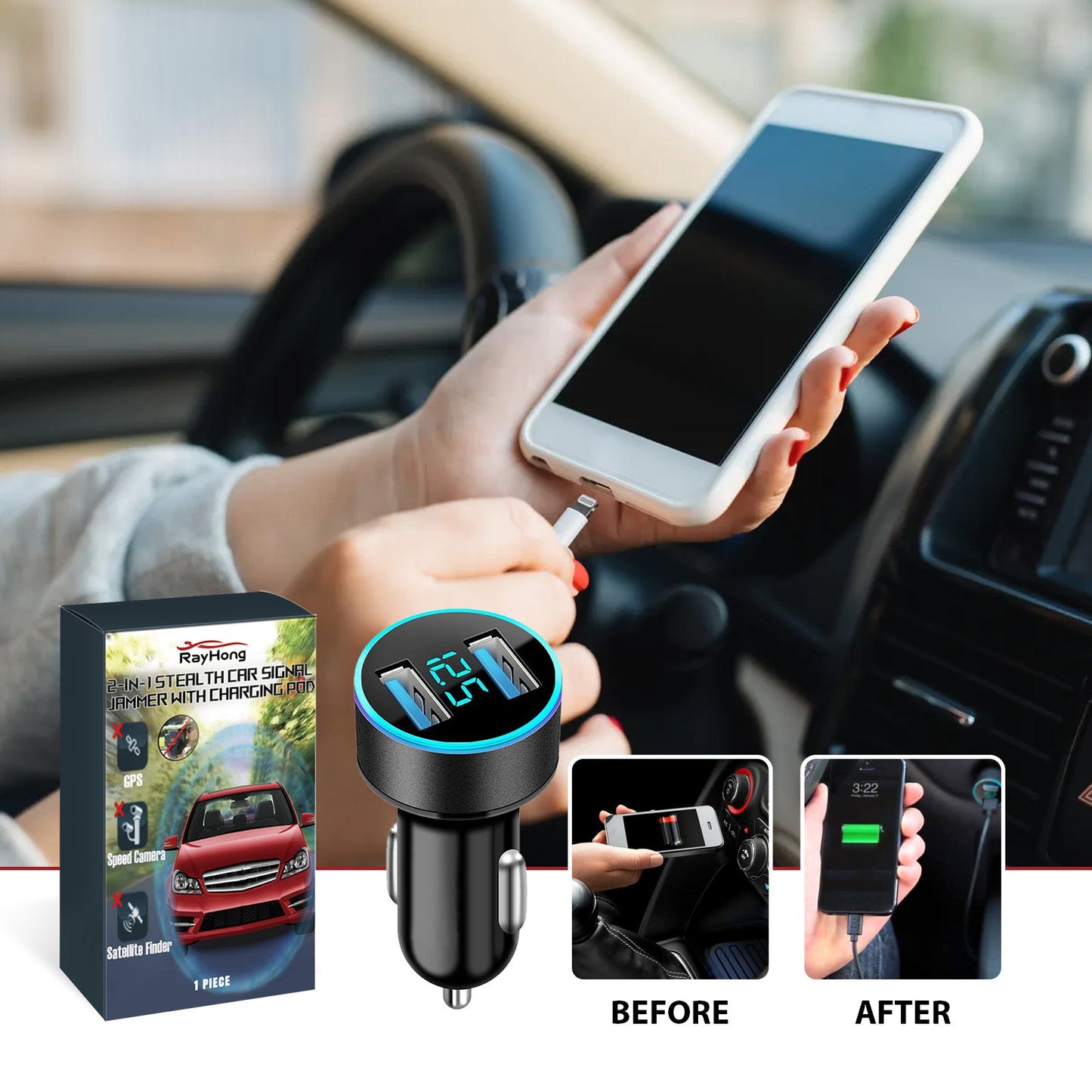 2-In-I Sterl Th Car Signal Jammer With Charging Pod, Car Dual USB Interface Mobile Phone Multi-Function Charger - Korvel