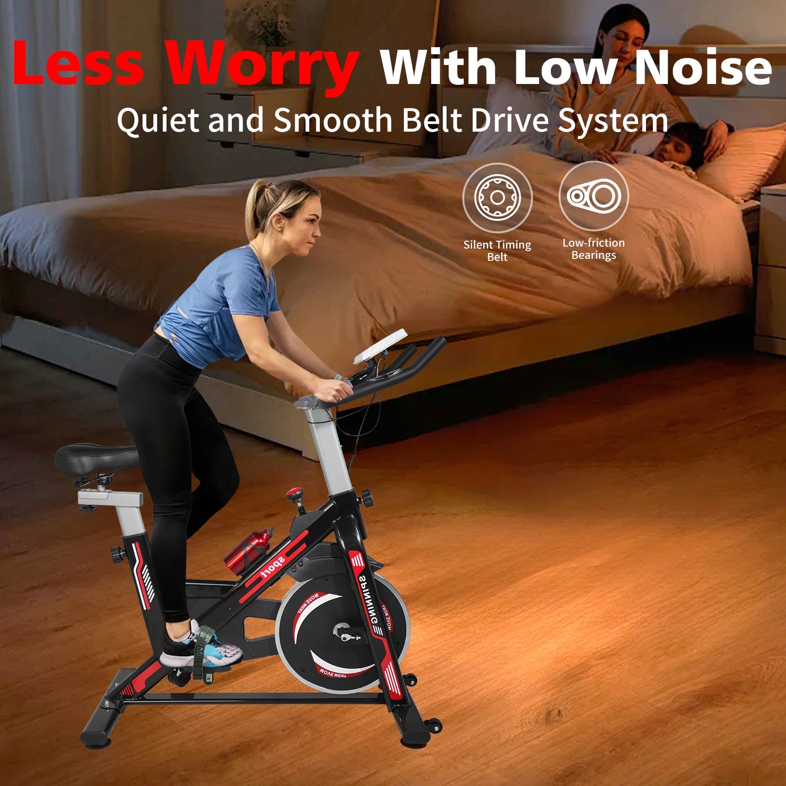 Indoor Exercise Bike Cycling Bike with Comfortable Seat Cushion Black+Red - Korvel