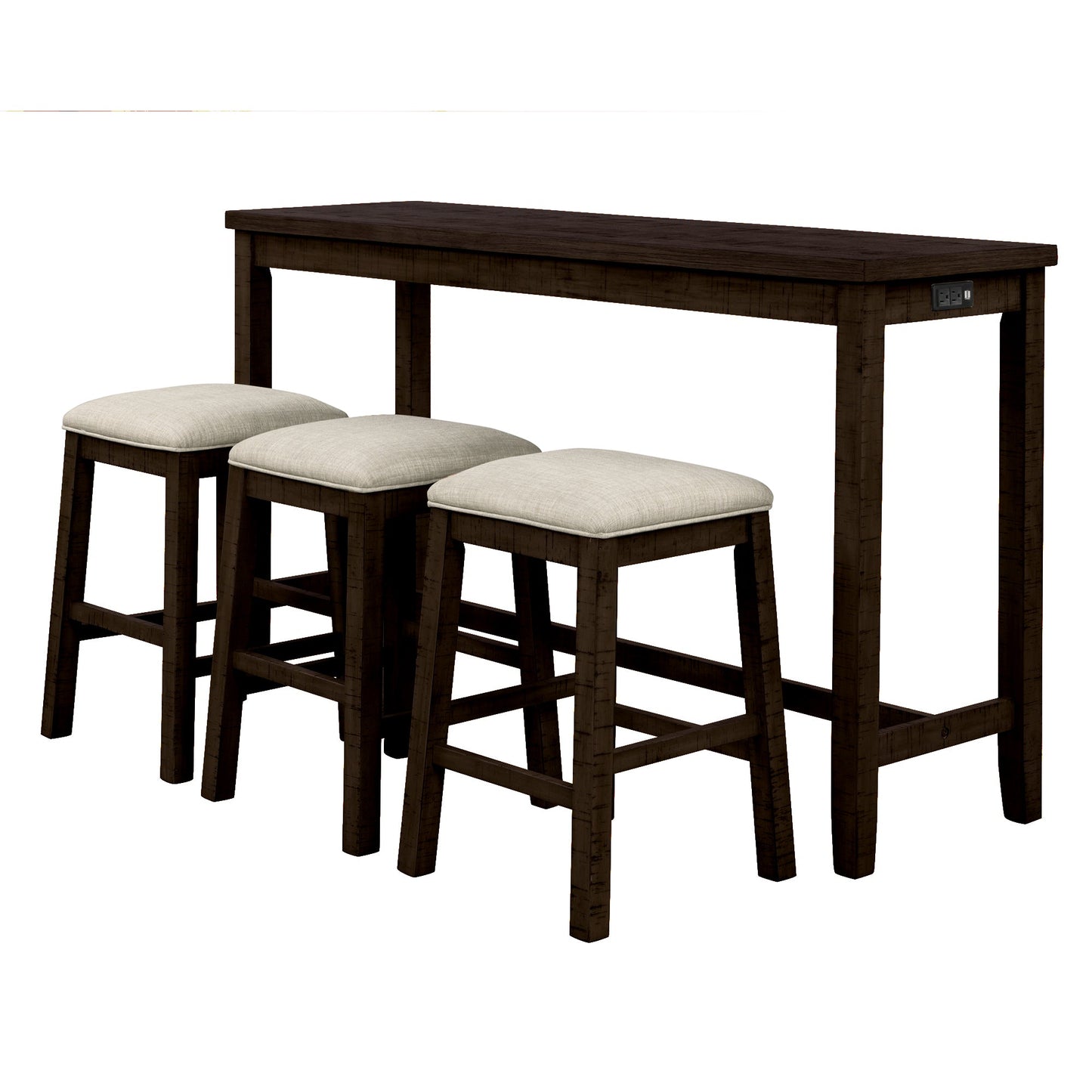 TOPMAX 4 Pieces Counter Height Table with Fabric Padded Stools, Rustic Bar Dining Set with Socket, Brown - Korvel