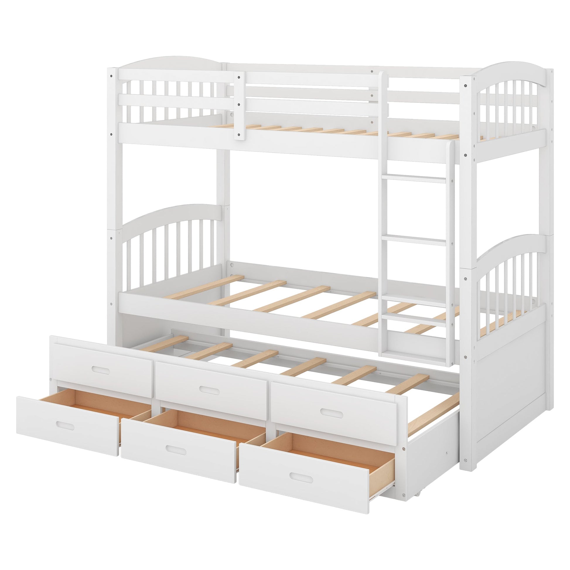 Twin over Twin Wood Bunk Bed with Trundle and Drawers White - Korvel