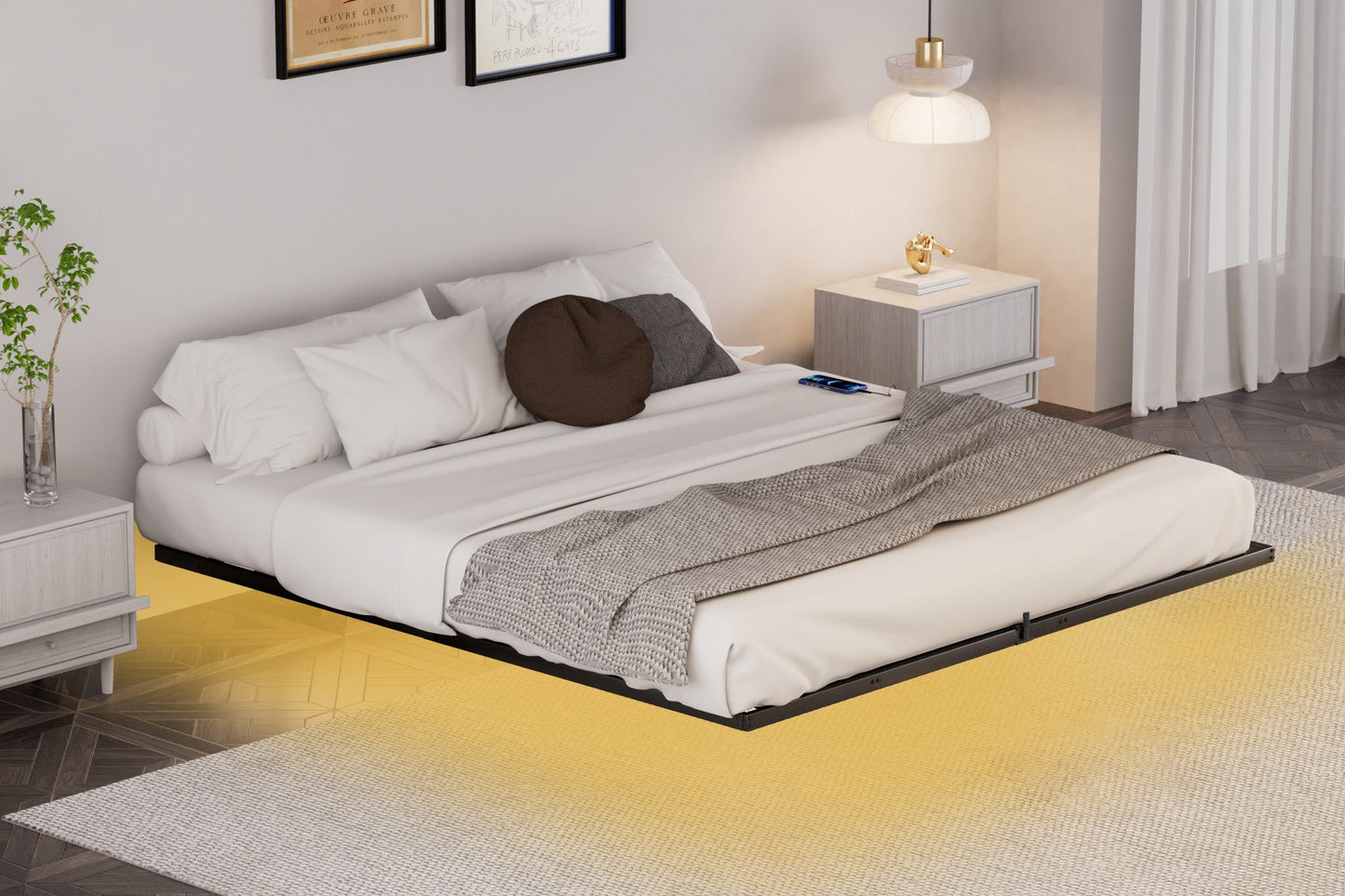 Floating Bed Frame King Size with LED Lights ＆ charging station, Metal Platform Queen Bed, 79.9'' L x 76.2'' W x 7.9'' H. - Korvel