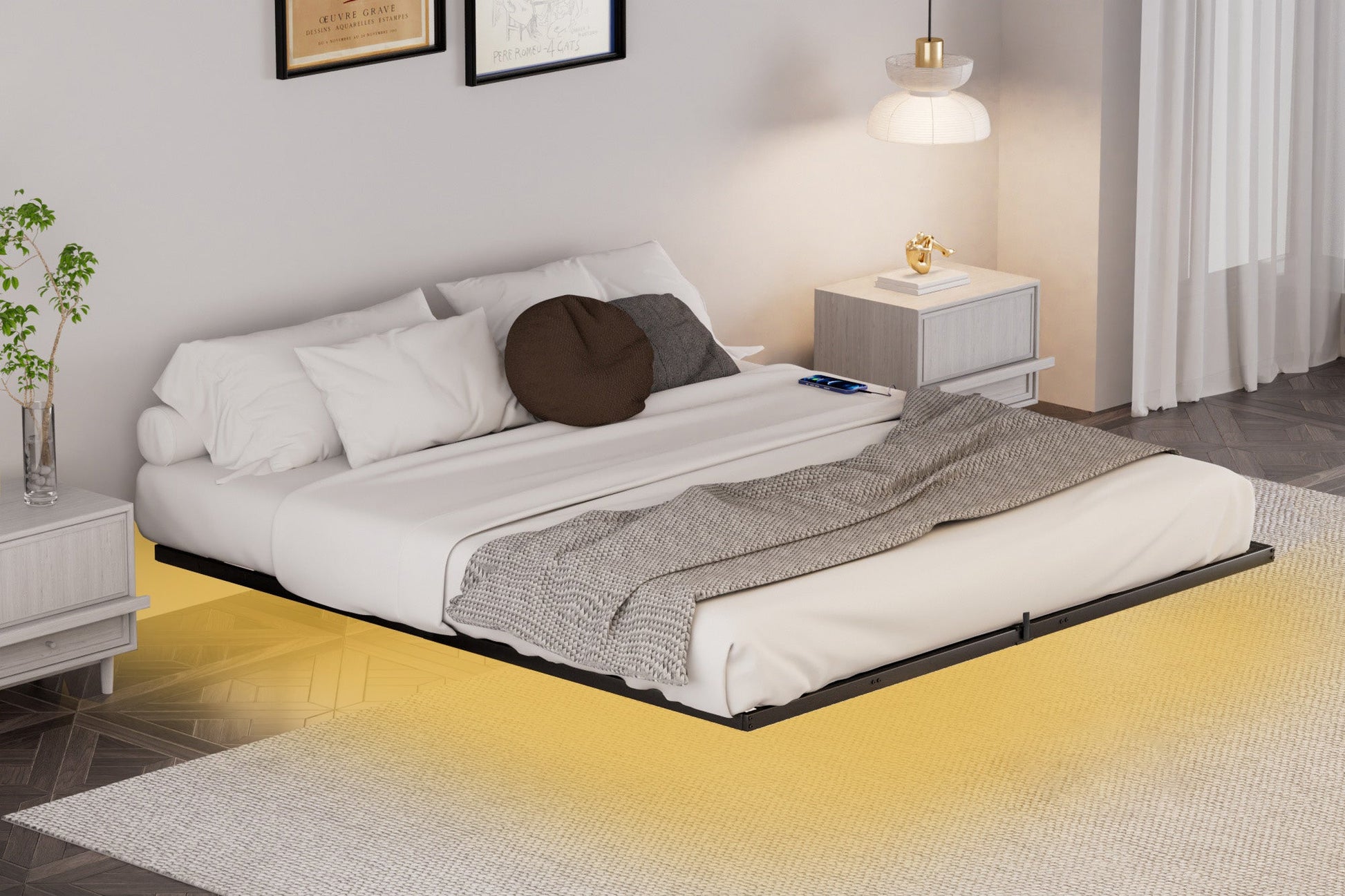 Floating Bed Frame King Size with LED Lights ＆ charging station, Metal Platform Queen Bed, 79.9'' L x 76.2'' W x 7.9'' H. - Korvel