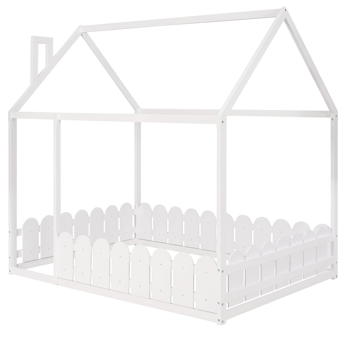 (Slats are not included) Full Size Wood Bed House Bed Frame with Fence for Kids Teens Girls Boys (White ) - Korvel
