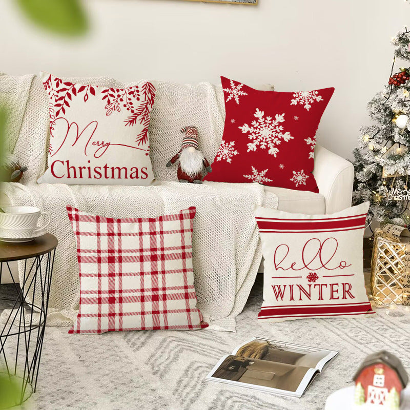 Christmas Snowflake Pillow Cover Linen Checkered Letter Printed Pillow Cover Christmas Theme Cushion Cover - Korvel