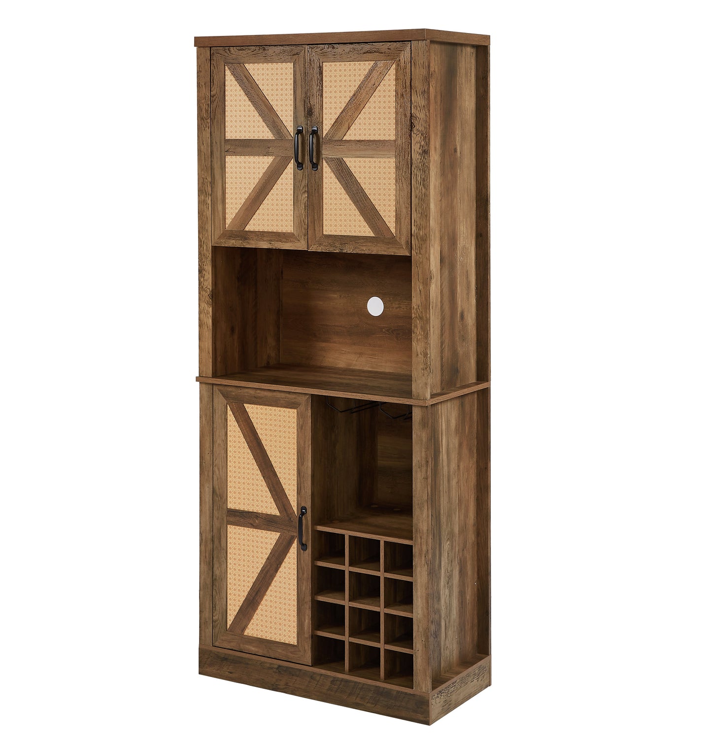 76-Inch Rustic Oak Farmhouse Wine Cabinet with Faux Rattan