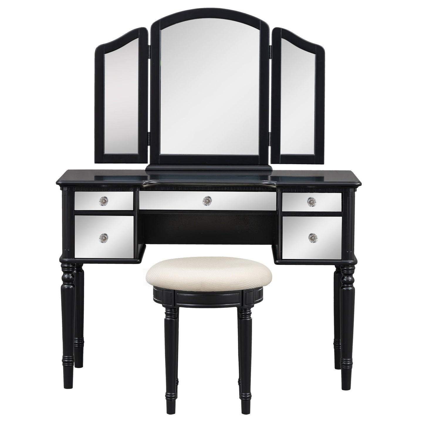 GO 43" Dressing Table Set with Mirrored Drawers and Stool, Tri-fold Mirror, Makeup Vanity Set for Bedroom, Black - Korvel