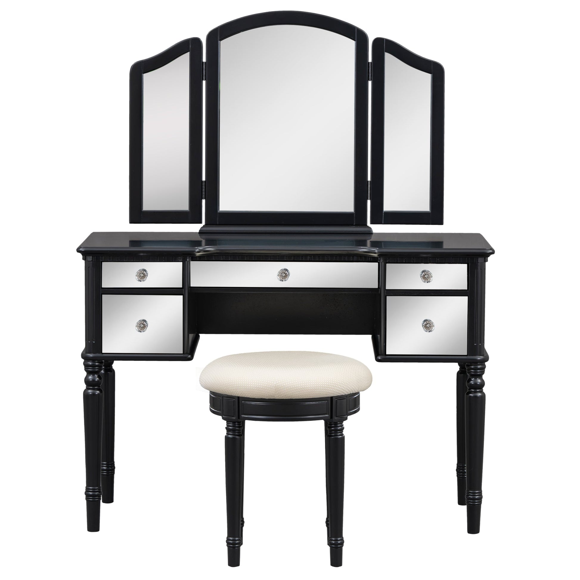 GO 43" Dressing Table Set with Mirrored Drawers and Stool, Tri-fold Mirror, Makeup Vanity Set for Bedroom, Black - Korvel
