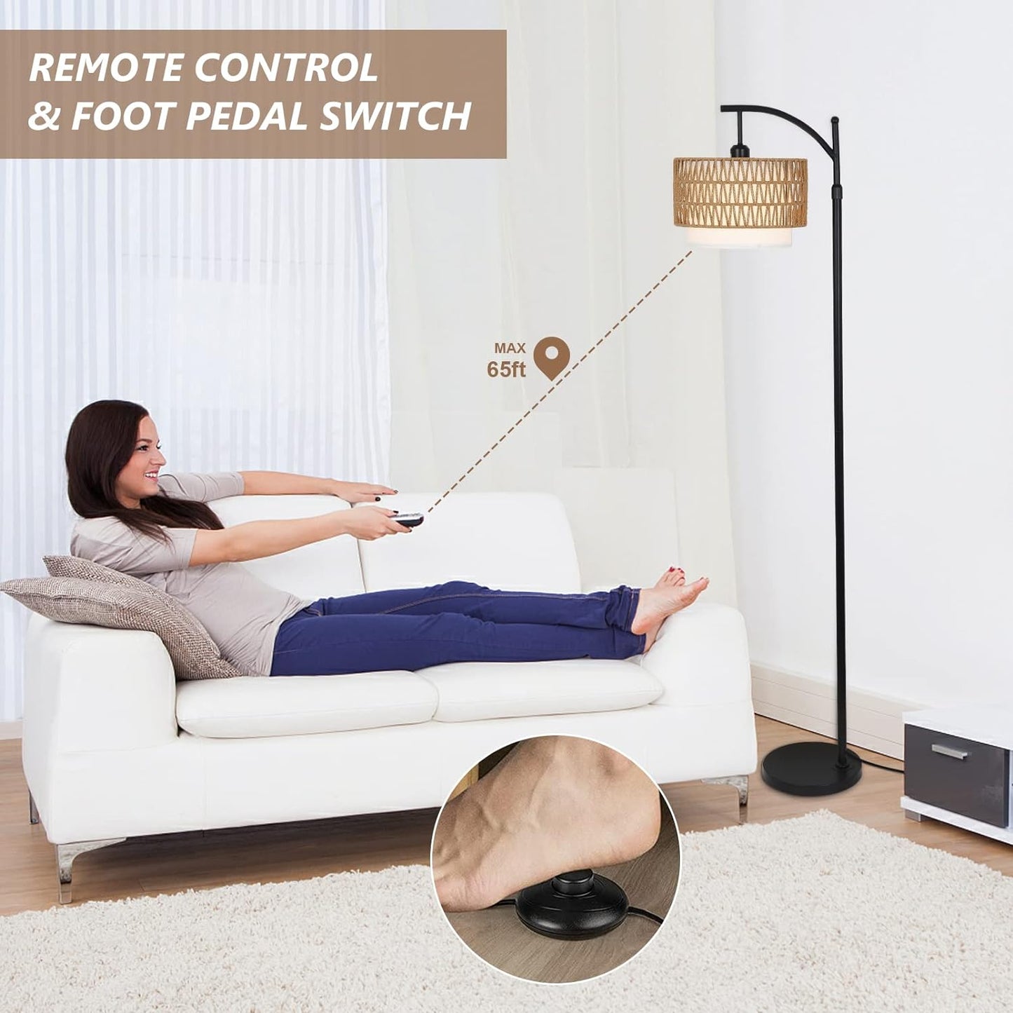Arc Floor Lamp with Remote Control and Dimmable Bulb