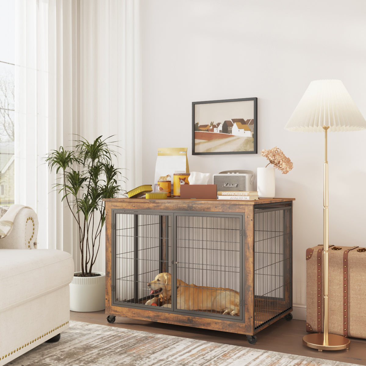 Rustic Brown Furniture Style Dog Crate Side Table on Wheels