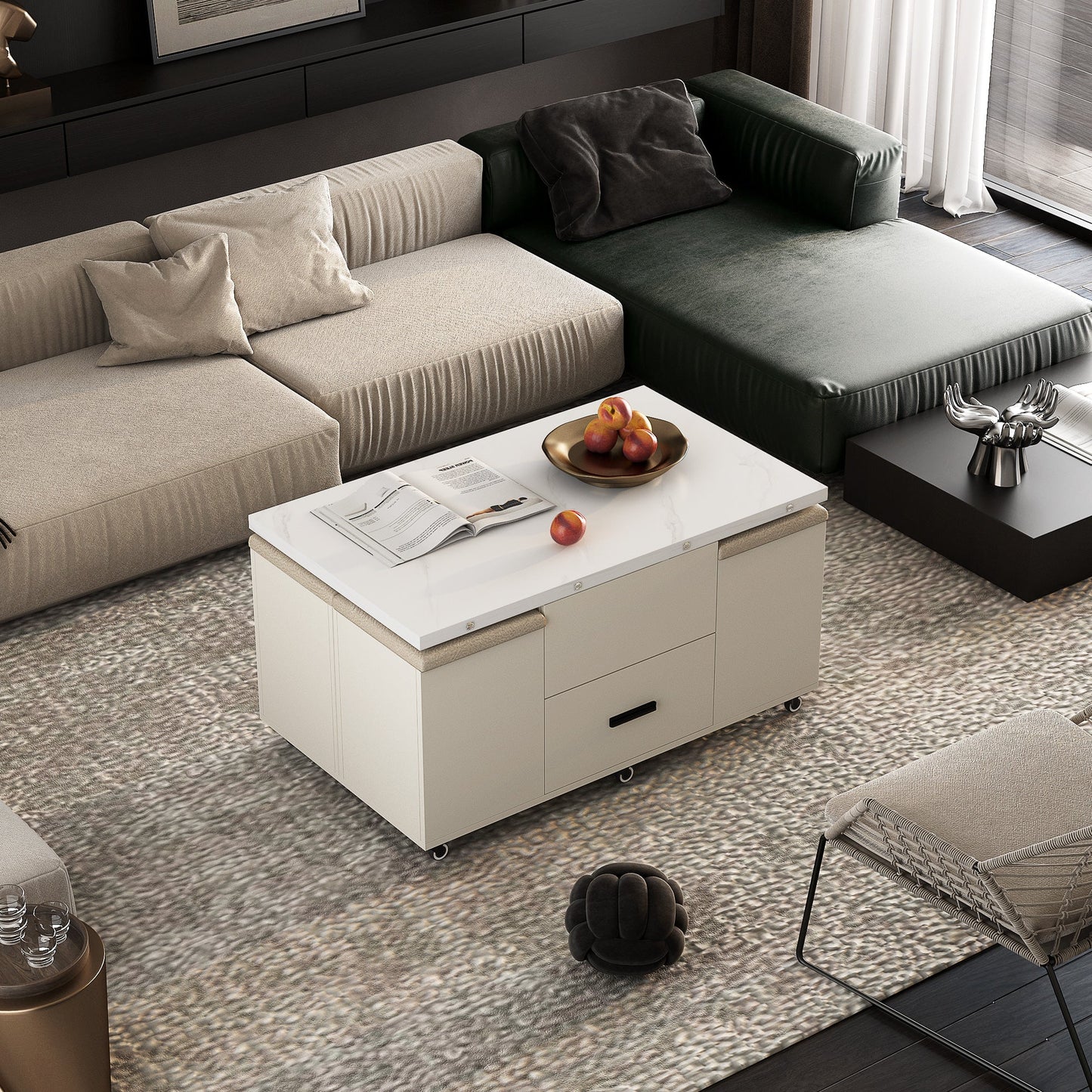 Modern Lift-Up Coffee Table with Storage and Stools