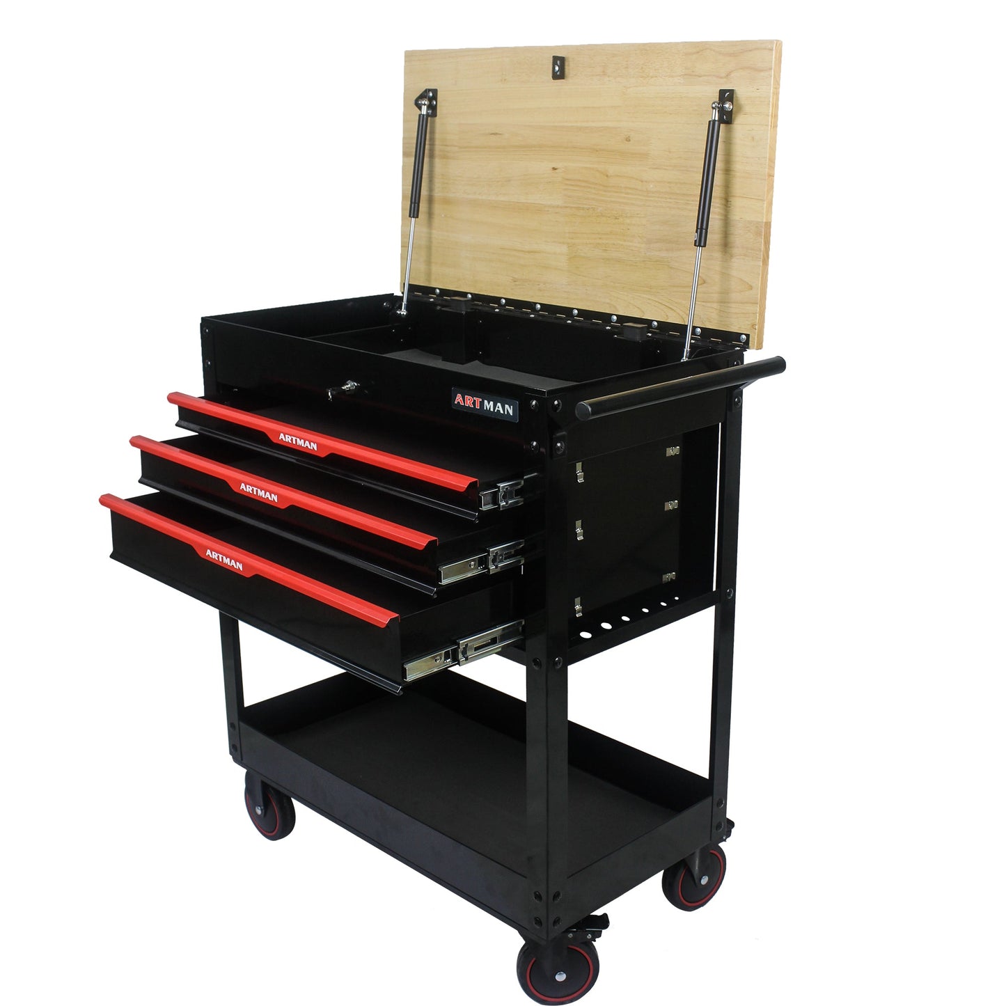 3 DRAWERS MULTIFUNCTIONAL TOOL CART WITH WHEELS AND WOODEN TOP - Korvel