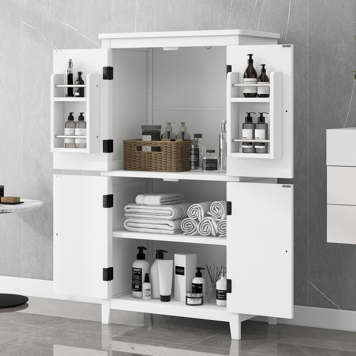 Bathroom floor storage cabinet, bathroom storage unit, 4-door independent cabinet, adjustable shelf, adaptive shelf, white - Korvel