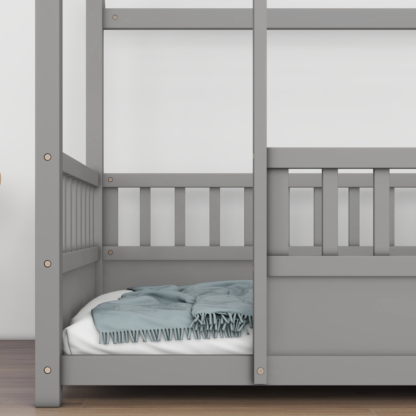 Twin Size Floor Wooden Bed with House Roof Frame Fence Guardrails Grey - Korvel