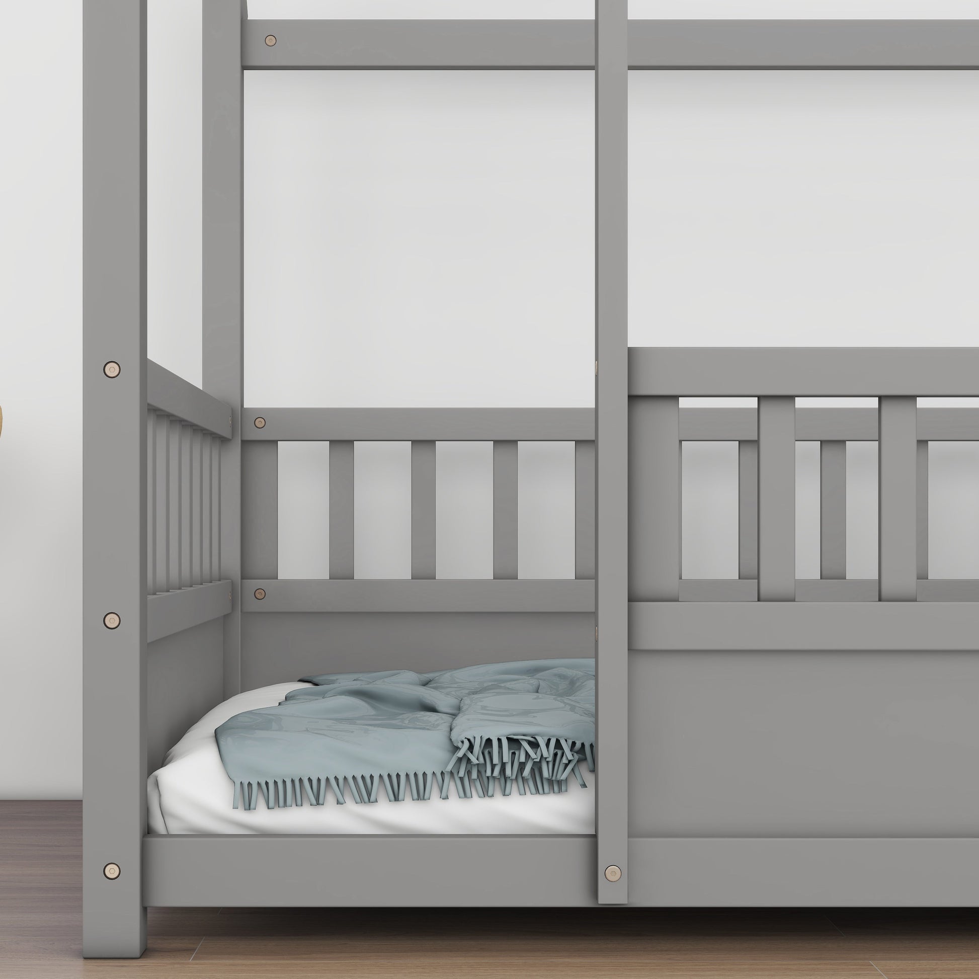 Twin Size Floor Wooden Bed with House Roof Frame Fence Guardrails Grey - Korvel