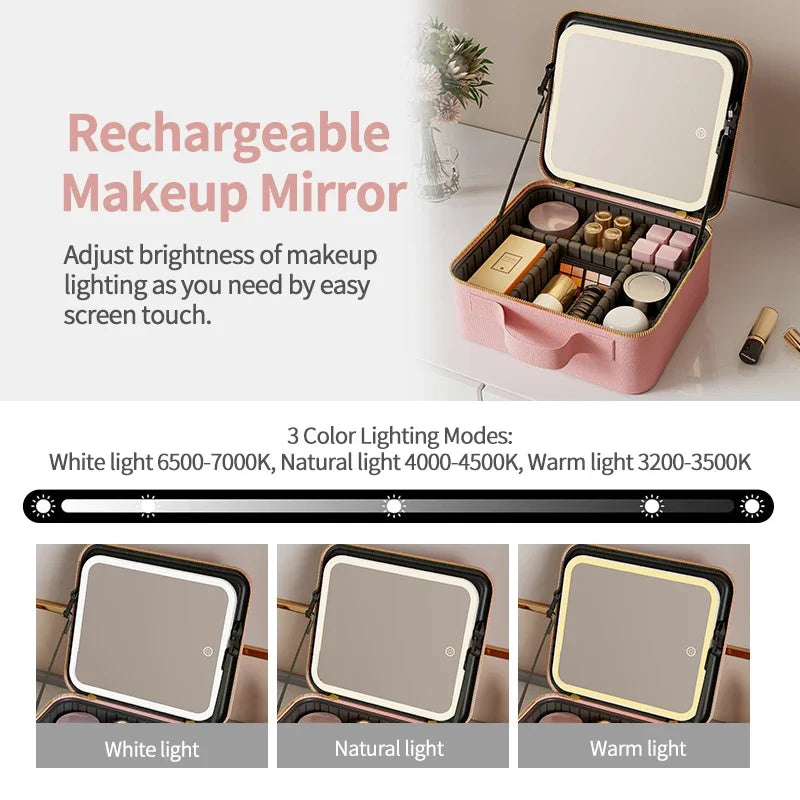 Light Up Box Vanity Organizer Portable Makeup Bag Mirror With Led Light - Korvel