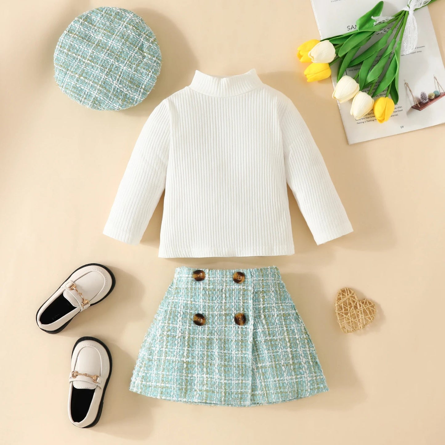 ma&baby Toddler Girls Knit Outfit Set with Plaid Skirt
