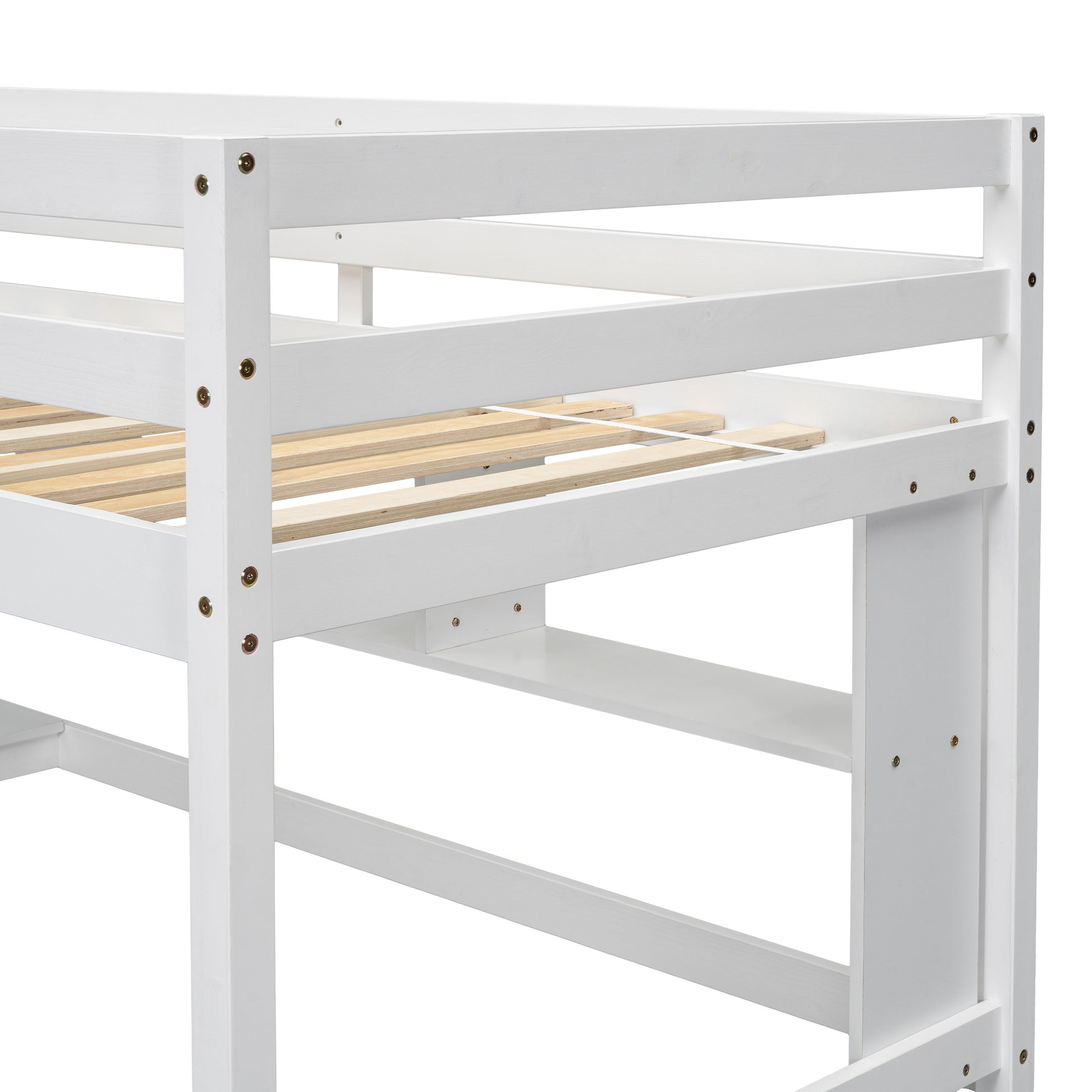 Twin Loft Bed with built-in desk and bookcase of three compartments, Guardrails and Ladder,White - Korvel