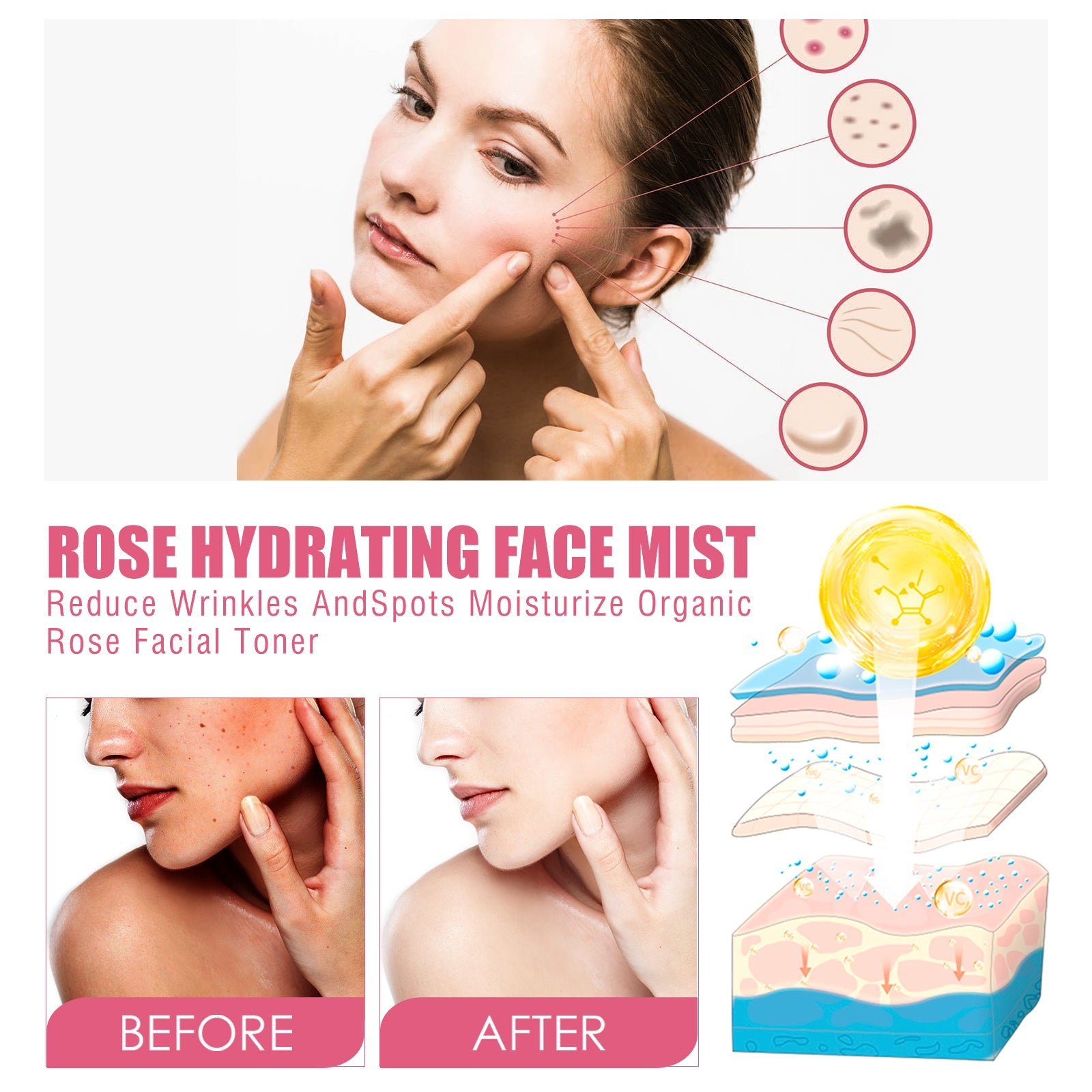 Rose Face Toner, Hydrating Refreshing Oil Control Fade Spots Toner - Korvel