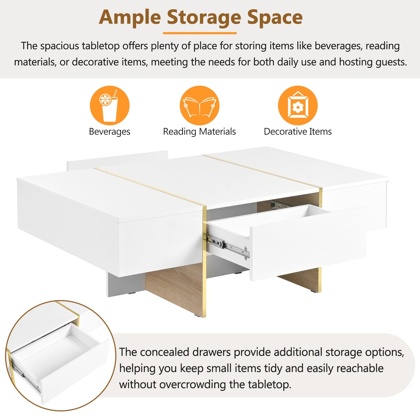 ON-TRANS 47.2 inch x 31.4 inch multifunctional rectangular sofa table with 2 drawers and gold wood grain leg center table, white - Korvel