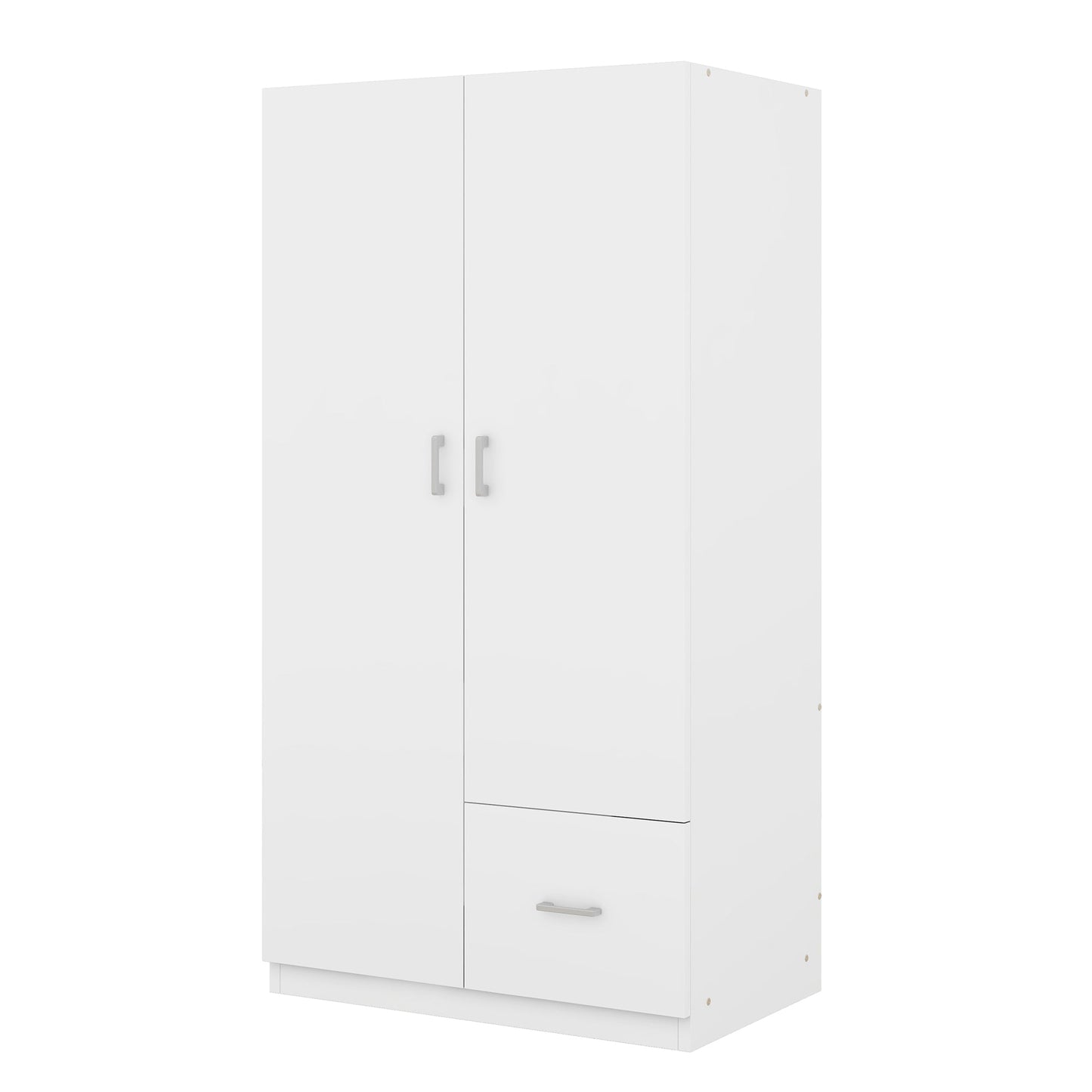 Wooden Wardrobe with Double Doors, Armoire with Hanging Rod, 5 Fixed Shelves, One Storage Drawer,White - Korvel