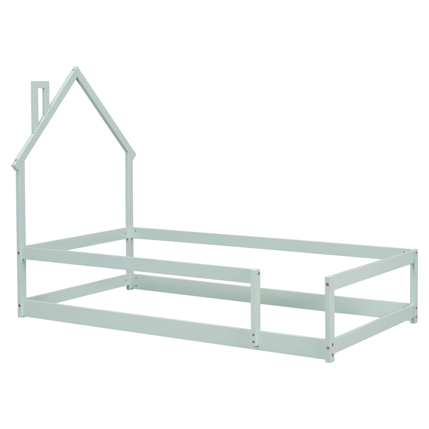 Twin Size Wood Bed with House-Shaped Headboard in Light Green