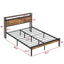 Large metal platform bed frame with wooden headboard and footboard with USB LINER and LED lights - Korvel