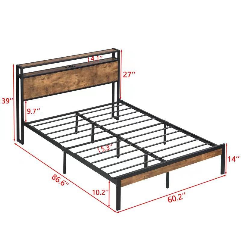Large metal platform bed frame with wooden headboard and footboard with USB LINER and LED lights - Korvel