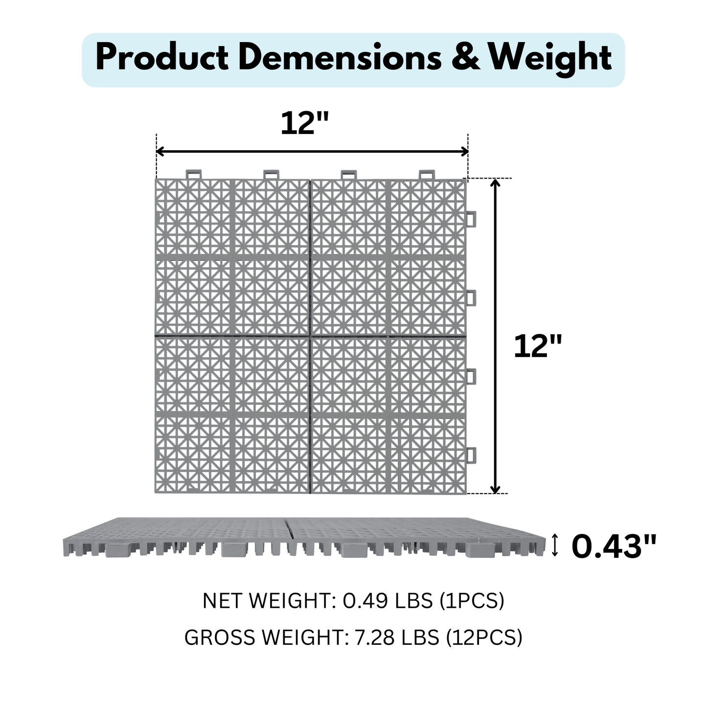 12 x 12 inch gray interlocking deck tiles, plastic waterproof, weighing up to 6613 pounds, with a rose pattern pack of 12 - Korvel
