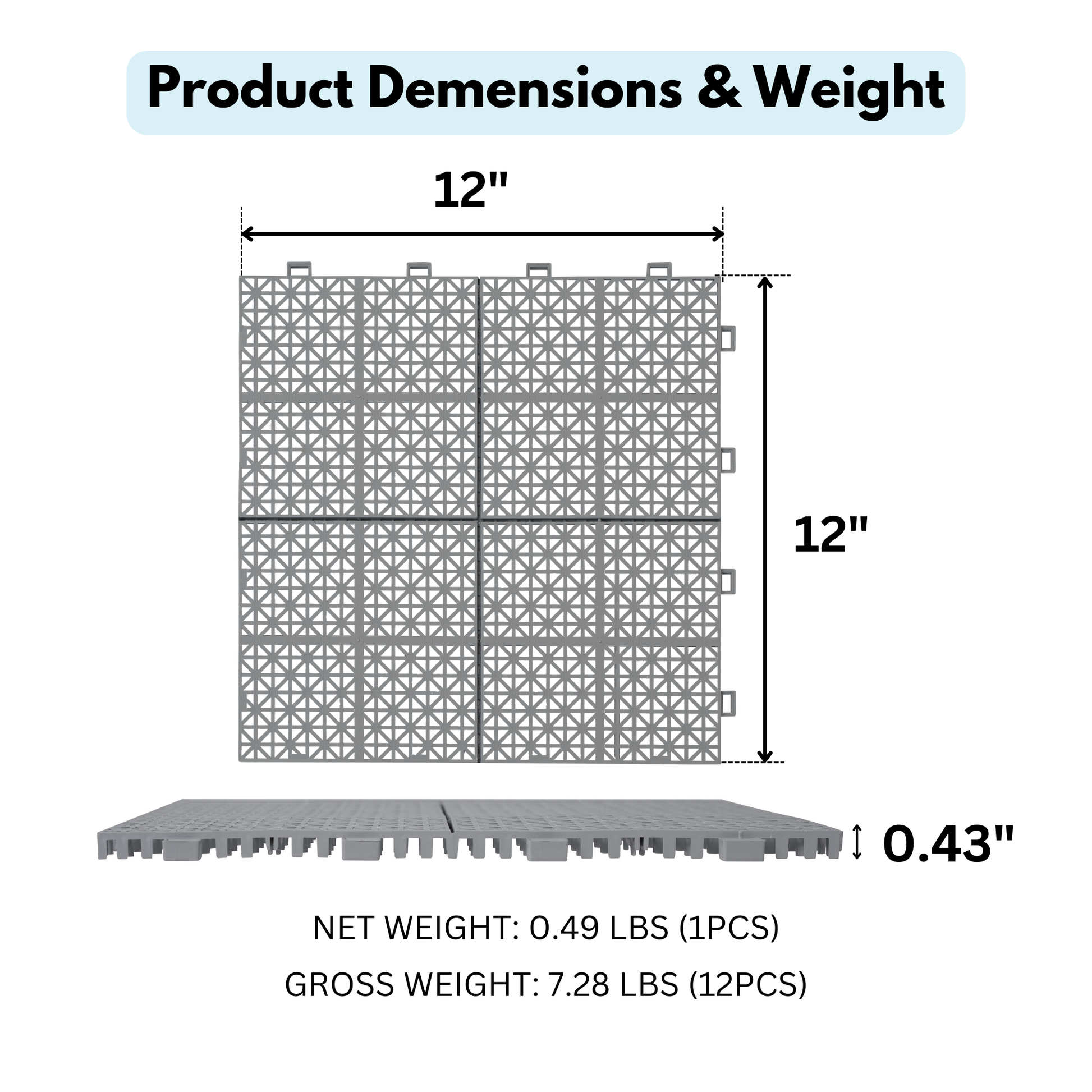 12 x 12 inch gray interlocking deck tiles, plastic waterproof, weighing up to 6613 pounds, with a rose pattern pack of 12 - Korvel