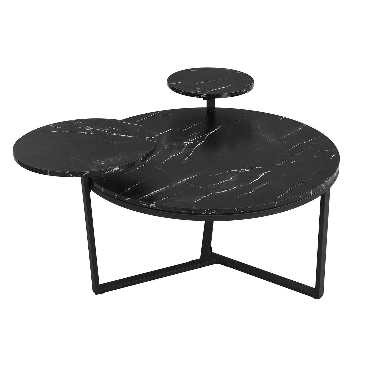 Modern coffee table with two display shelves, Black Faux marble surfaces, Tripod-inspired base,Rounded tabletop edges - Korvel