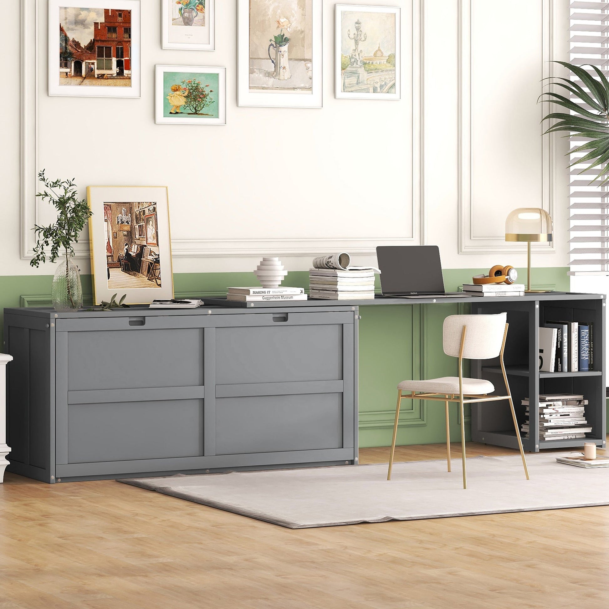 Queen Size Murphy Bed with Rotable Desk  Gray - Korvel