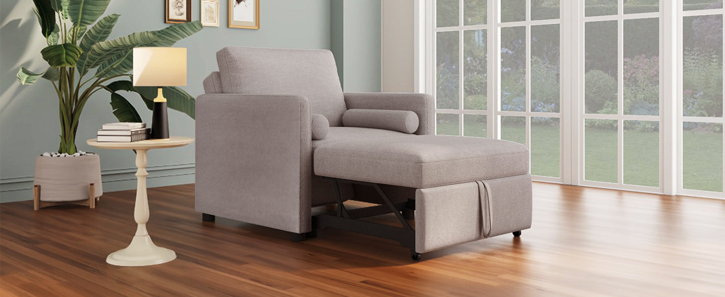 3 in 1 Convertible Sleeper Chair with Adjustable Backrest, Lounger Chair Turns Into Bed, Single Bed for Living Room, Linen, Tan - Korvel
