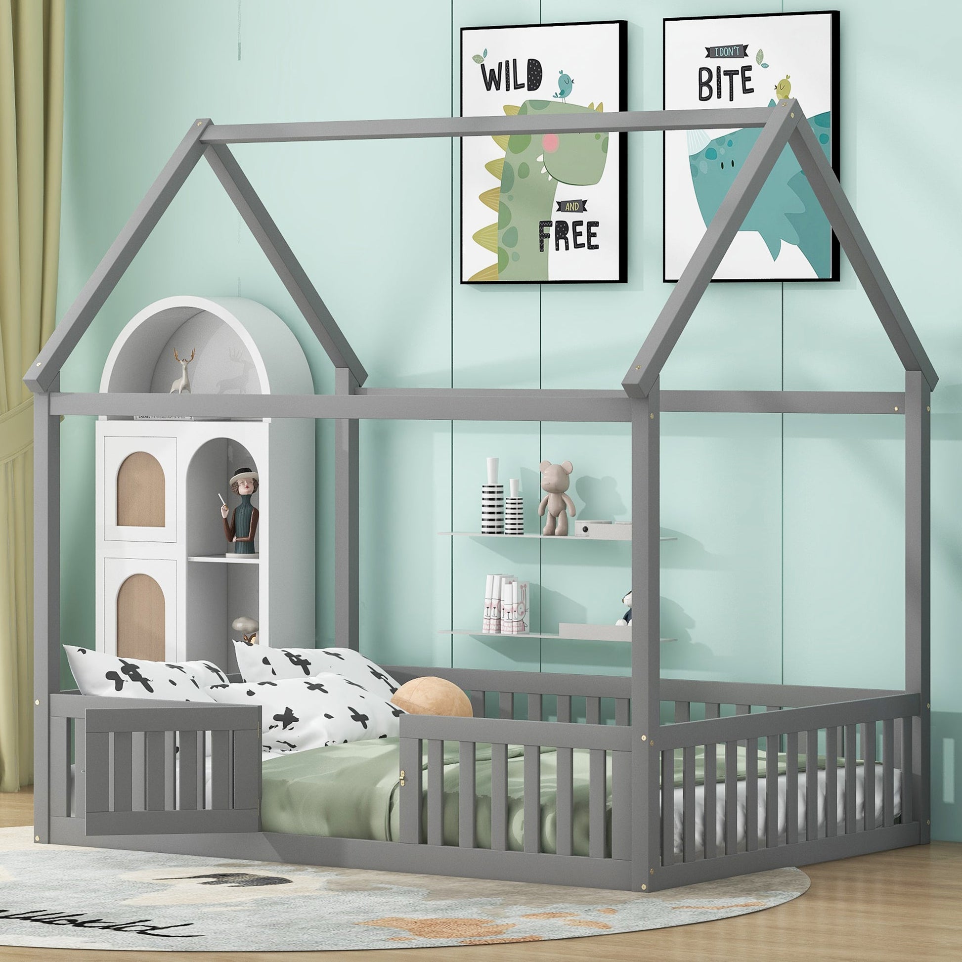Full Size Wood House Bed with Fence and Door, Gray - Korvel