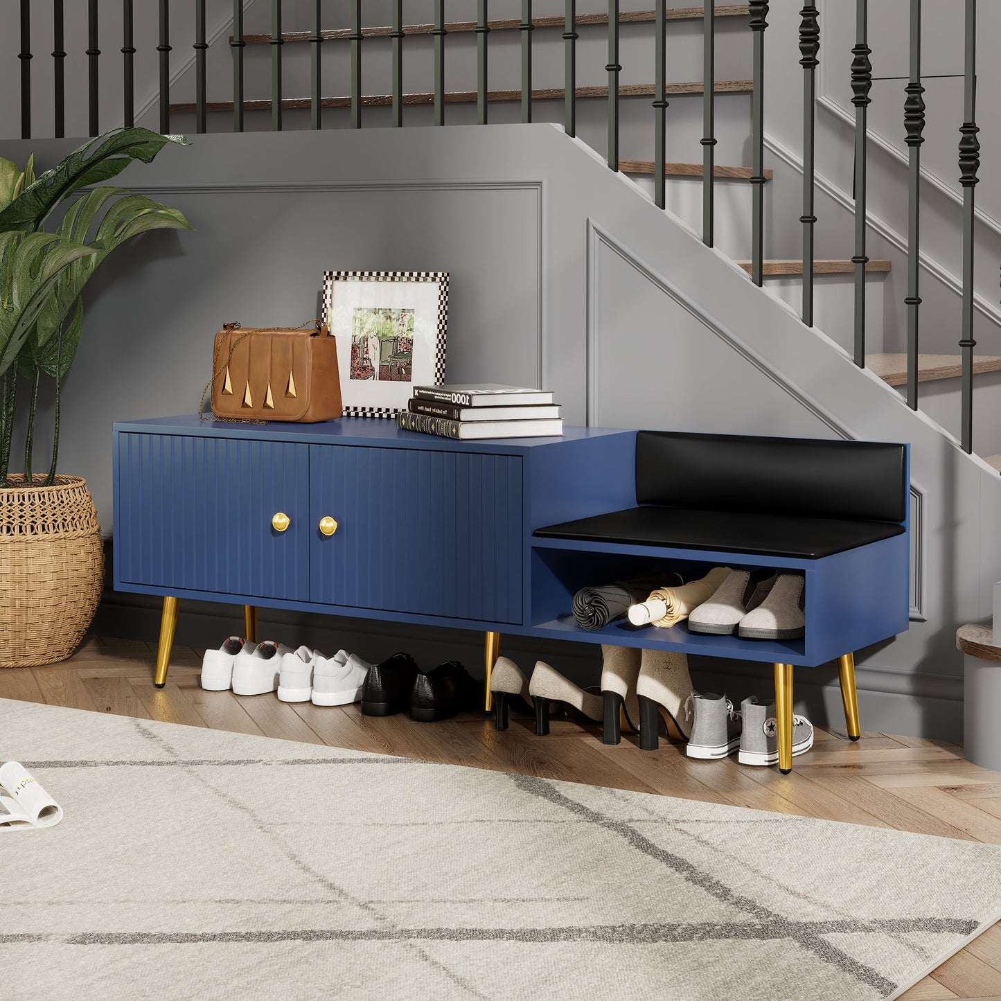 Modern Navy Shoe Storage Bench with Hidden Storage & Cushions