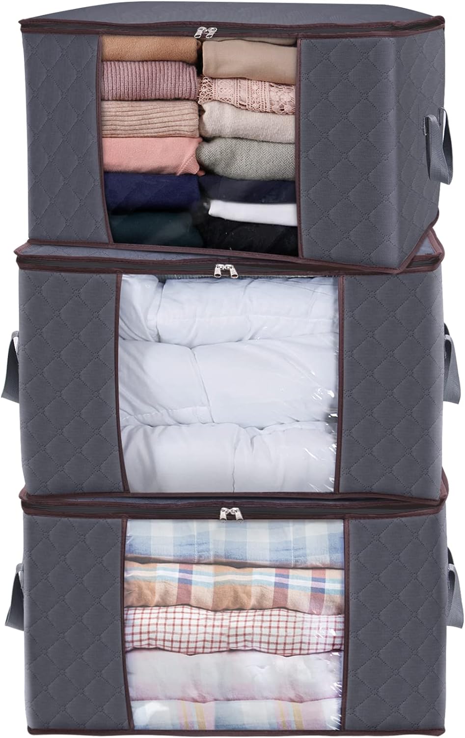 Ensemble de sacs de rangement pour vêtements grande capacité - 3 pièces, 90L, gris